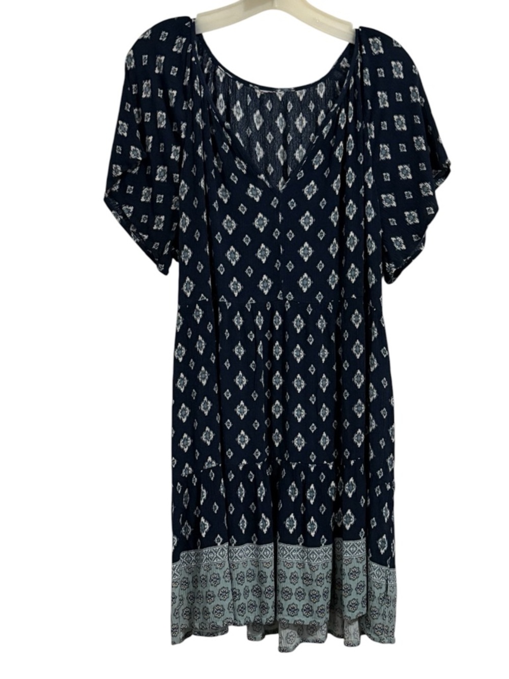 100% Rayon Navy Diamond Print Boho Dress with Contrast Hem - Picture 2 of 5